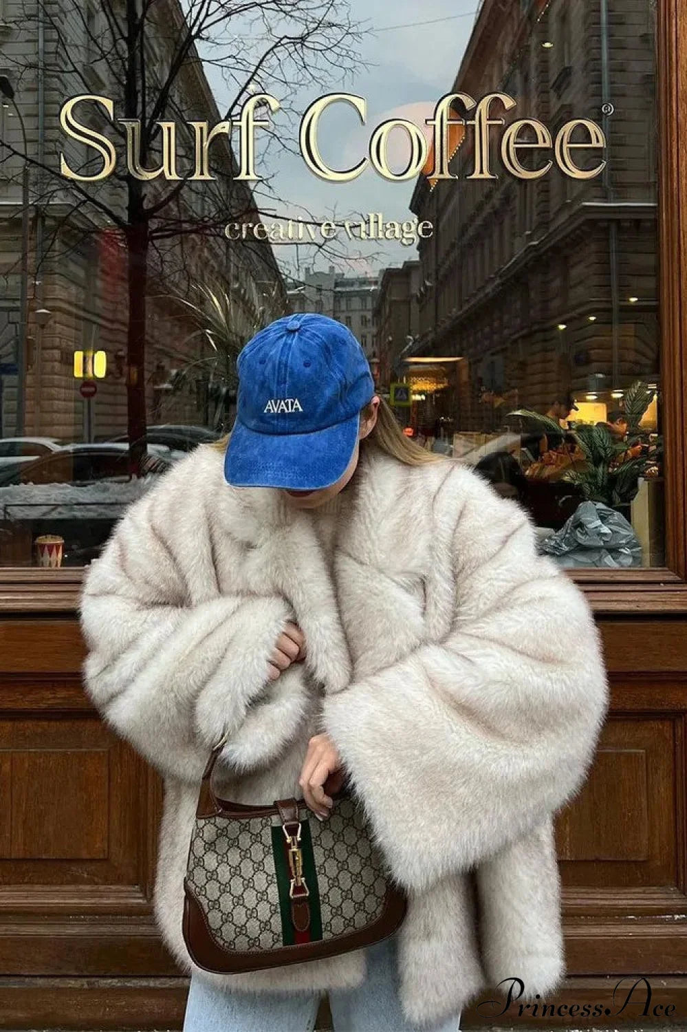 White Tip-Dyed Faux Fox Fur Mid Coat