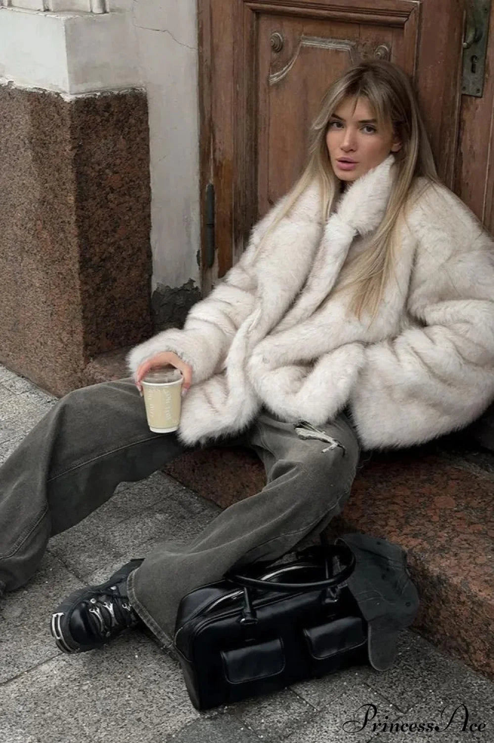 White Tip-Dyed Faux Fox Fur Mid Coat