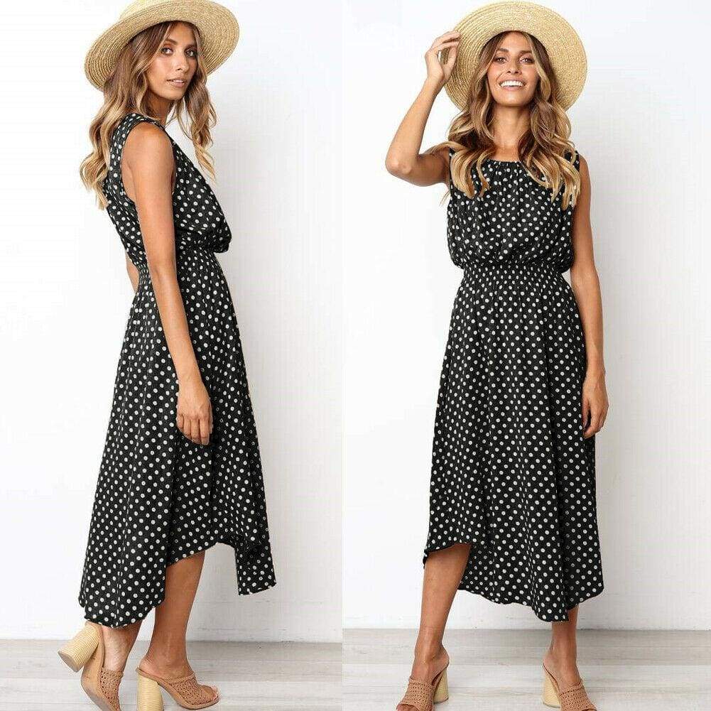 Boho Sleeveless Polka Dot Summer Midi Dress