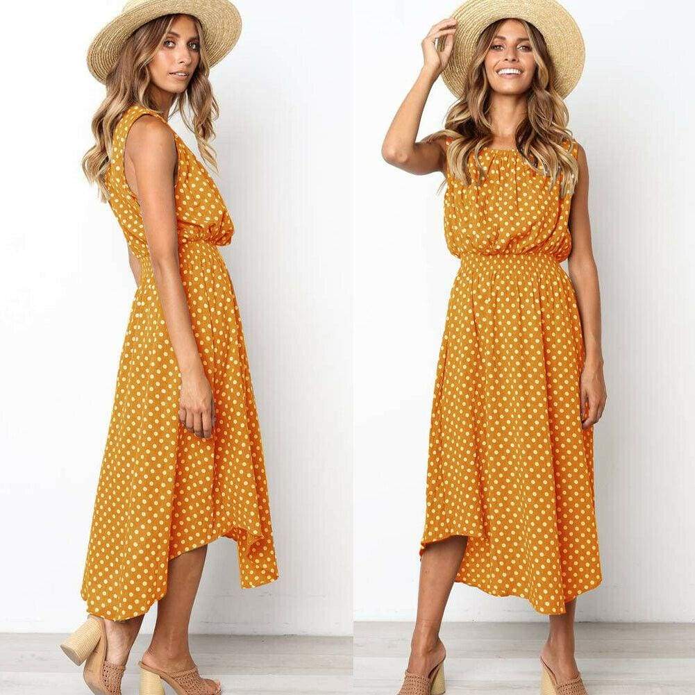 Boho Sleeveless Polka Dot Summer Midi Dress