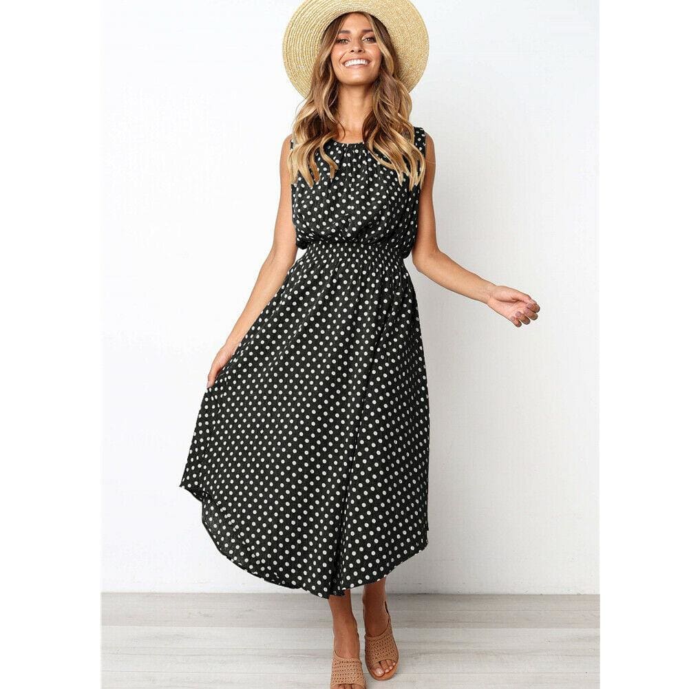 Boho Sleeveless Polka Dot Summer Midi Dress