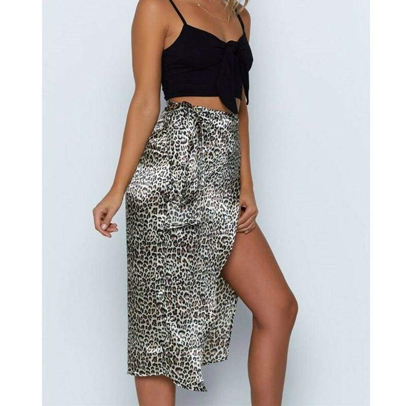 High Waist Leopard Print Split Skirt