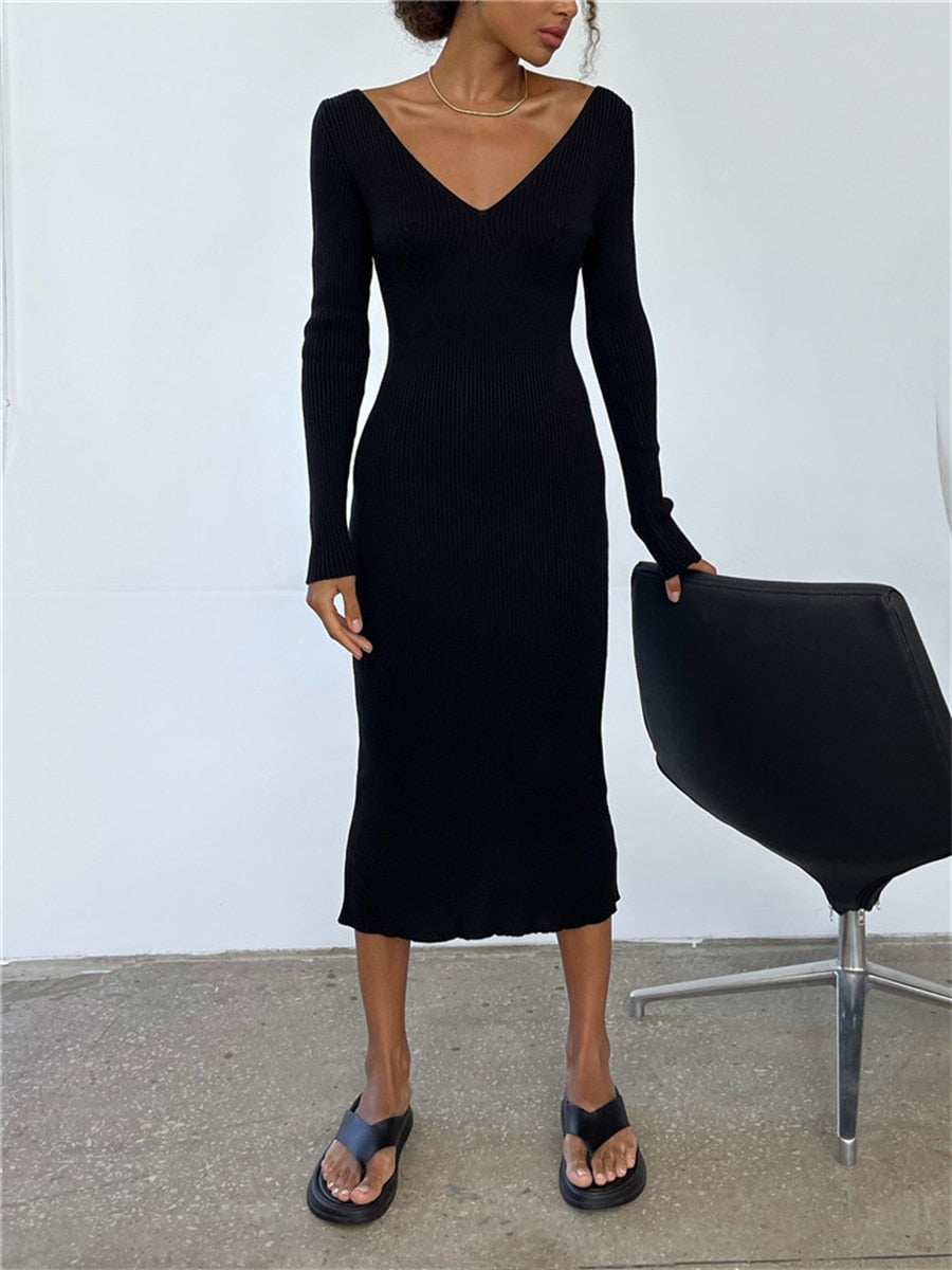 V Neck Backless Ribbed Wrap Midi Dress