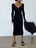 V Neck Backless Ribbed Wrap Midi Dress