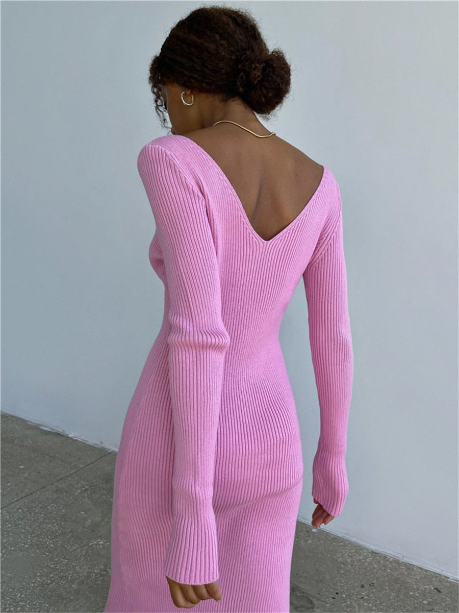 V Neck Backless Ribbed Wrap Midi Dress