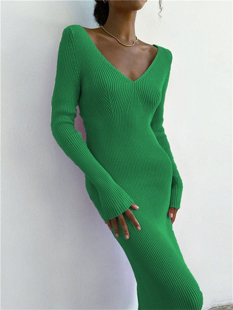 V Neck Backless Ribbed Wrap Midi Dress