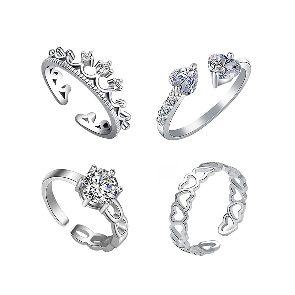 Silver Adjustable Crystal Four Piece Ring